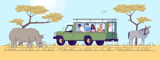 safari tour platte doodle illustratie. mensen die wilde dieren observeren vanuit een busje in de woestijn. natuurreservaat. Indonesië toerisme 2d stripfiguur met omtrek voor commercieel gebruik