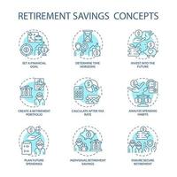 pensioen besparingen concept pictogrammen instellen. maak een fonds voor pensioenidee dunne lijnkleurenillustraties. geldbeheer. toekomstige uitgavenberekening. vector geïsoleerde overzichtstekeningen. bewerkbare streek