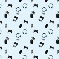 gaming patroon op blauwe achtergrond met objecten zoals een controller of joystick, een muis en een headset of koptelefoon. internetverbinding, geluid, audio. textiel, wrap, behang, achtergrond. vector