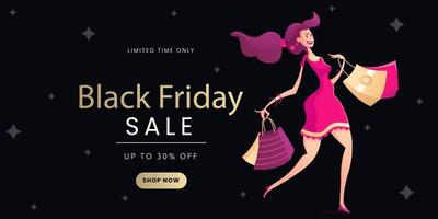 zwarte vrijdag-flyersjabloon met gelukkige vrouwelijke winkel vector
