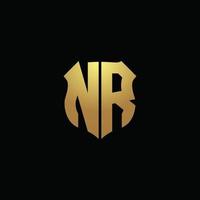 nr logo monogram met gouden kleuren en schildvorm ontwerpsjabloon vector