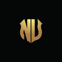 nu logo monogram met gouden kleuren en schildvorm ontwerpsjabloon vector