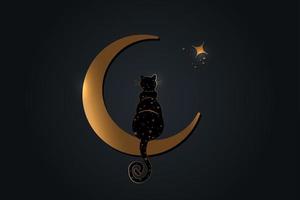 zwarte kat zittend op de wassende maan, kijk naar de sterren. gouden wicca-symbool, boho-stijl. vectorillustratie geïsoleerd op zwarte achtergrond vector