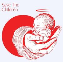 een rood en wit poster met een baby Holding een baby en een hart met de woorden opslaan de kinderen. vector