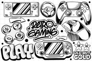 gaming retro reeks van voorwerpen. klassiek retro troosten gaming illustratie in graffiti stijl vector