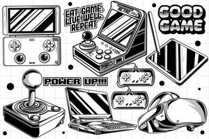 gaming retro reeks van voorwerpen. klassiek retro troosten gaming illustratie in graffiti stijl vector