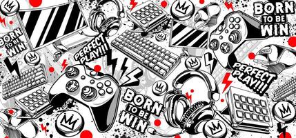 gaming achtergrond en illustraties. retro spel elementen in graffiti stijl vector