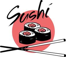 sushi restaurant hand- getrokken logo met maki rollen en belettering Aan rood cirkel achtergrond vector