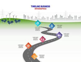 vector sjabloon infographic tijdlijn van bedrijfsvoering met vlaggen en tijdelijke aanduidingen op gebogen wegen. innovatie, voor milieu en samenleving stad die samen kan leven. symbolen, stappen voor succes