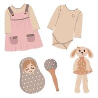 reeks van baby kleren en speelgoed zonnejurk jurk pop marakase vlak stijl vector