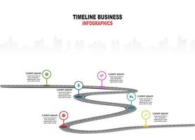 vector sjabloon infographic tijdlijn van bedrijfsvoering met vlaggen en tijdelijke aanduidingen op gebogen wegen. symbolen, stappen voor succesvolle bedrijfsplanning geschikt voor reclame en presentaties