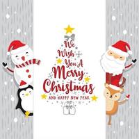 Kerstman herten pinguïn met bord tekst vrolijk kerstfeest en gelukkig nieuwjaar - vintage grey.eps vector