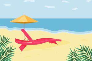 strand ligstoel, geel paraplu, zomer vakantie. concept van tijd naar reizen of kom tot rust. vector