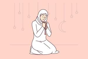 moslim vrouw eert heilig maand van Ramadan, lezing gebed zittend Aan knieën, vervelend Islamitisch kleding vector
