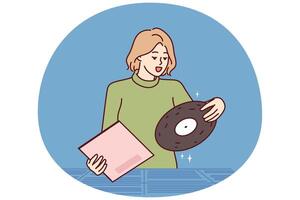 vrouw kiest vinyl Vermelding staand in op te slaan voor retro muziek- verzamelaars en analoog audio geliefden vector