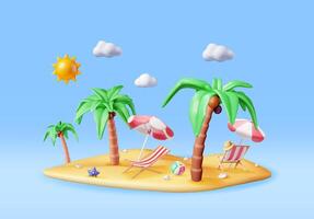 3d dek stoel, zwemmen bal, zeester en tropisch palm boom. tropisch eiland. geven concept van zomer vakantie. zomer vakantie, tijd naar reizen. strand ontspanning. realistisch illustratie vector