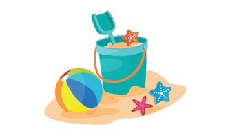 tekenfilm zand emmer illustratie met Schep en hark. strand zand spelen set. zomer element. vlak in tekenfilm stijl geïsoleerd Aan wit achtergrond. vector