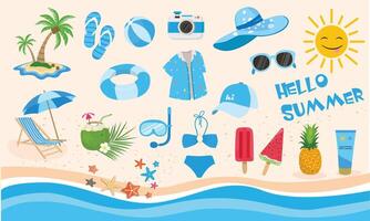 zomer set. zomer element verzameling. zomer vakantie strand. tekenfilm vlak geïsoleerd Aan wit achtergrond vector