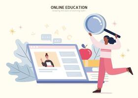 Afrikaanse meisje Holding vergrootglas en op zoek voor verbazingwekkend zelfstudie s via laptop. vlak illustratie van web zoeken of e aan het leren concept. vector