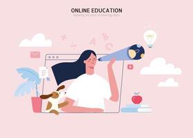 online onderwijs en kennis ontwikkeling concept, meisje op zoek door een telescoop met haar huisdier hond staand door vector
