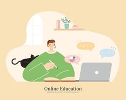 online aan het leren Bij huis, concept van houden verbeteren kennis in leven. illustratie in vlak ontwerp, geschikt voor onderwijs bedrijf, e-learning en webinar vector