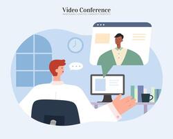 Mens zittend Bij computer naar conferentie met cliënt of team leden. vlak illustratie, concept van online ontmoeting, gegevens Onderzoek en Webinar. vector