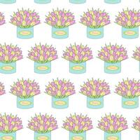 naadloos patroon van tulpen boeketten in doos met zacht geel en teder roze bloemen. bloemen backdrop vector