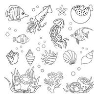 marinier set, vis, inktvis, kwal en schelpen in gemakkelijk lineair stijl. zwart en wit grafiek voor boeken en posters vector