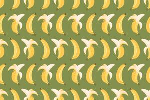 banaan naadloos patroon. rijp vers bananen in Pel. geheel zoet exotisch fruit Aan groen achtergrond. gezond vegetarisch biologisch voedsel. illustratie voor behang, textiel, afdrukken, omhulsel papier vector