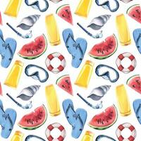 reddingsboei, slippers, zonnebrandcrème, schelpen, masker en snorkel, stukken van watermeloen. waterverf illustratie, hand- getrokken. naadloos patroon Aan een wit achtergrond vector