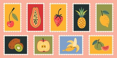 schattig hand getekend post postzegels met exotisch tropisch fruit Leuk vinden papaja, kers, banaan, kiwi en ananas. grappig helder stickers set. modieus modern illustraties in tekenfilm stijl, vlak ontwerp vector