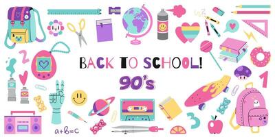 schattig school- schrijfbehoeften reeks met 90s retro gevoel, tekenfilm stijl. leerling apparatuur, helder pastel kleur. terug naar school. modieus illustratie geïsoleerd Aan wit, hand- getrokken, vlak ontwerp vector