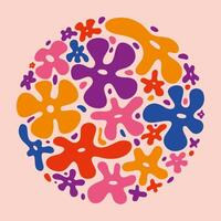 cirkel met koel groovy bloemen, vloeistof vormen. funky bloesem achtergronden, y2k texturen, hippie retro stijl. modieus modern illustratie, hand- getrokken, vlak ontwerp vector