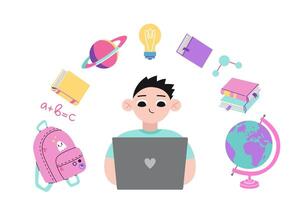 tiener- jongen gebruik makend van laptop computer naar studie, tekenfilm stijl. boeken, rugzak, wereldbol en school- benodigdheden zijn vliegend in de omgeving van. modieus modern illustratie geïsoleerd Aan wit, hand- getrokken, vlak ontwerp vector