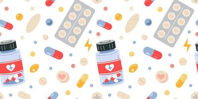 naadloos patroon met fles en blaar met tabletten, medisch pillen en capsules Aan wit achtergrond. behandeling en Gezondheid zorg. geneesmiddelen, pijnstillers en vitamines. tekenfilm vlak illustratie vector