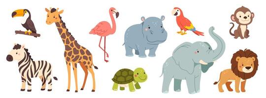 schattig oerwoud dieren. tekenfilm Afrikaanse wild zoogdieren. grappig leeuw, zebra, gelukkig olifant, aap, mooi hoor nijlpaard, toekan en papegaai vogels. kinderen safari dier. reeks vector