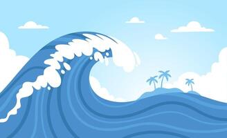 oceaan Golf achtergrond. abstract storm zee golven in de buurt eiland. tropisch surfen, oceanisch water en lucht Aan poster. decoratief reizen folder. surfer strand met palm bomen. illustratie vector