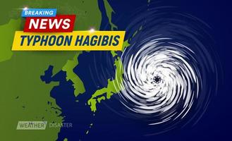 super tyfoon hagibis, 5 categorie. wolken trechter op kaart in de buurt van japan, krachtigste tyfoon in japan, breaking news tv grafisch ontwerp voor weerkanaal, platte bovenaanzicht vectorillustratie. vector