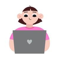 tiener- meisje gebruik makend van laptop computer naar studie, tekenfilm stijl. modieus modern illustratie geïsoleerd Aan wit, hand- getrokken, vlak ontwerp vector