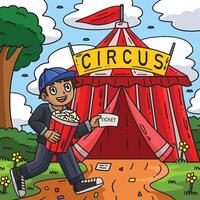 kind in voorkant van een circus tent gekleurde tekenfilm vector