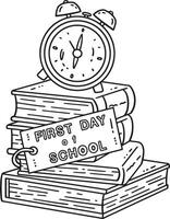 eerste dag van school- boek en alarm klok geïsoleerd vector
