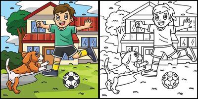 jongen en een hond spelen voetbal kleur illustratie vector