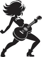 minimaal grappig meisje dansen met gitaar grappig vlak karakter silhouet, zwart kleur silhouet 3 vector