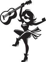 minimaal grappig meisje dansen met gitaar grappig vlak karakter silhouet, zwart kleur silhouet 12 vector