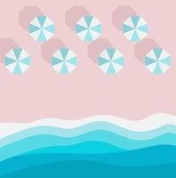 azuurblauw zandstrand, stukje zee of oceaan en parasol, bovenaanzicht. zomervakantie achtergrond ontwerpsjabloon voor webafbeelding, banner, flyer, kaart, brochure, folder. platte vectorillustratie.