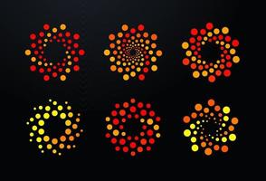 bubbels punten stippen logo set, oranje spiraal ronde logo's sjabloon. abstracte orkaan, vortex, zon, hot wheel teken, netwerkverbindingspictogram, virus, bloemensymbool. tech en wetenschap vector logo.