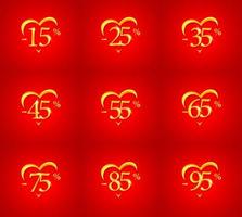verkoop, korting en procent korting voor Valentijnsdag en trouwdag, wenskaartposter of banner. gouden hart silhouet op rode achtergrond, vectorillustratie vector
