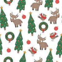 vector naadloze patroon van kerst elementen met baby herten, versierde kerstboom, vogel, krans. leuke grappige herhalingsachtergrond van nieuwe jaarsymbolen. kerst vlakke stijl foto voor decoraties