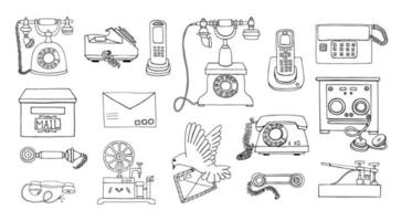 vector vintage communicatiemiddelen lijntekening set. retro zwart-wit collectie bedrade draaischijftelefoon, radiotelefoon, telegraaf, ontvanger, duivenpost, brief, postzegels
