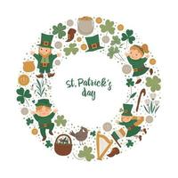 vector saint patrick dag ronde frame met kabouter, shamrock geïsoleerd op een witte achtergrond. Ierse vakantie thema banner of uitnodiging ingelijst in cirkel. leuke grappige lente kaartsjabloon.